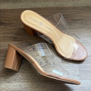 Chinese Laundry Tan and Clear Block Heel Sandals NWOT